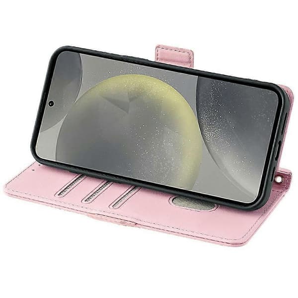 Läderplånboksfodral med RFID-blockering och stativ för Samsung Galaxy S25+ med handledsrem - Rosa (Rosa)