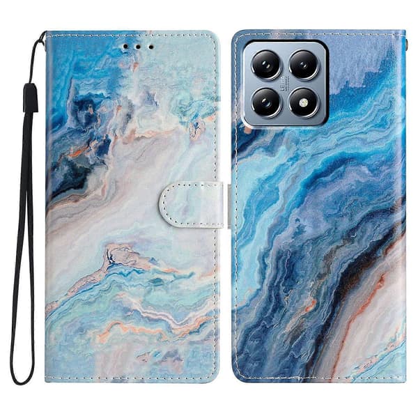 Plånboksfodral för Xiaomi 14T Pro PU Läder Mönstertryck Ställ Telefonfodral med Rem - Blå Marmor (Blå Marmor)