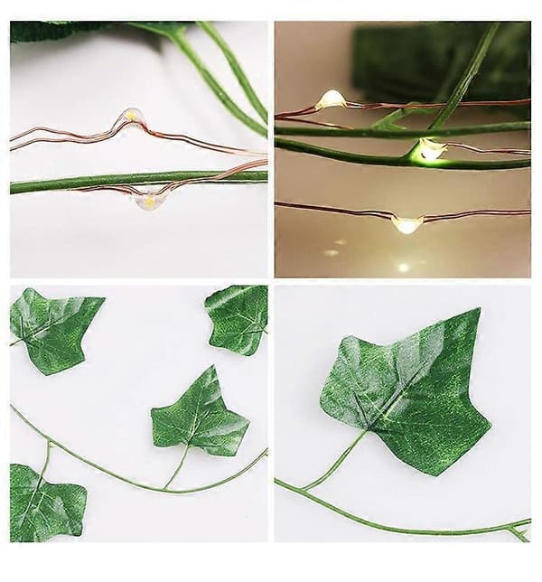 2 stk., kunstig efeu, 2 m bladlampeguirlande, kunstig plante med 20 LED-lys og grønne blade