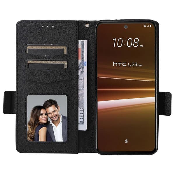 Litchi tegnebog stativ PU læder telefoncover til HTC U23/U23 Pro 5G - Sort (Sort)