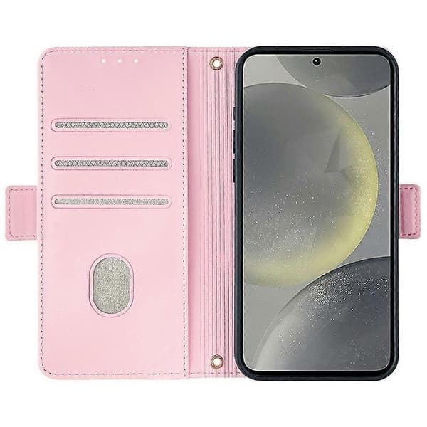 Läderplånboksfodral med RFID-blockering och stativ för Samsung Galaxy S25+ med handledsrem - Rosa (Rosa)