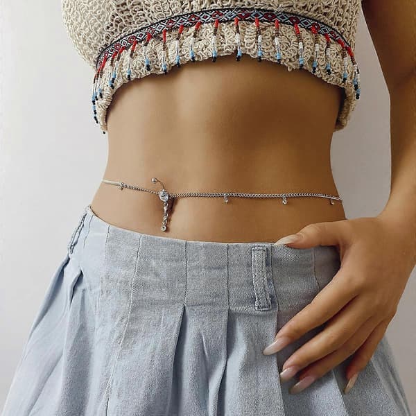 Sølvfarget krystall navlepiercing med kjede, rhinestone midje kroppskjede bikini mage smykke