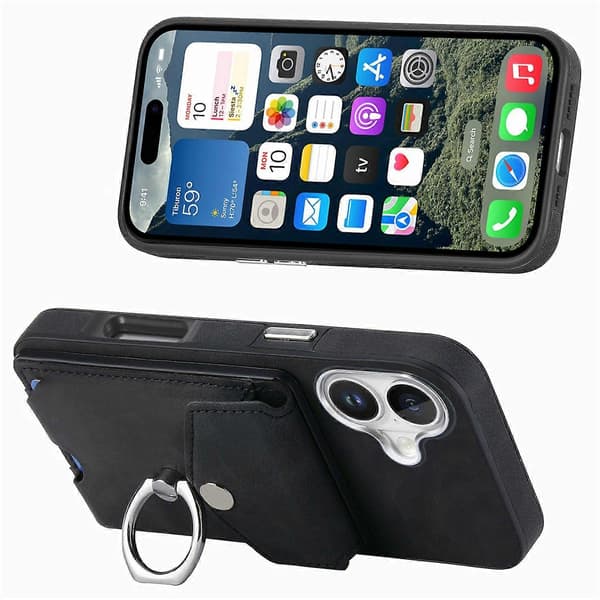 Til iPhone 16 Plus Telefon Cover Ring Stand Læderbelagt TPU Bagside Cover med Kortholder - Sort (Sort)