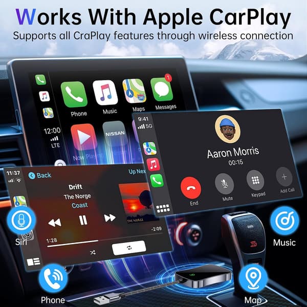Apple Trådløs CarPlay Adapter, USB til iOS 10 og nyere skjermer