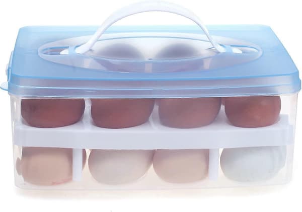 Eggboks med to nivåer - for 24 egg - Høykvalitetsboks, bærehåndtak, eggstativ for kjøleskap, lokk og klips, blå