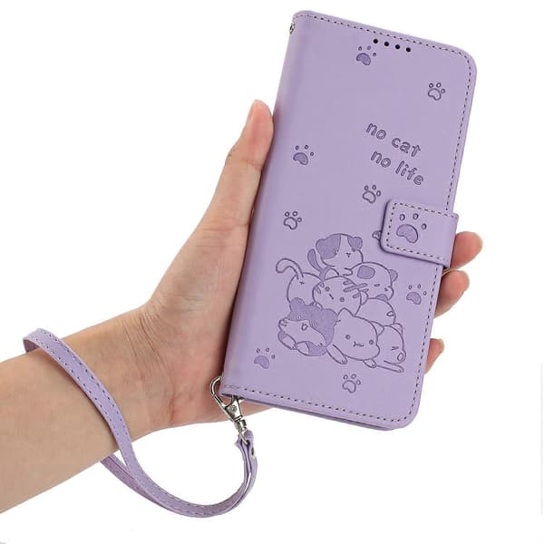För iPhone 16e Mobilskal med Kattryck Läderplånbok Mobilskal - Lila (Lila)
