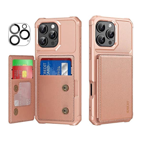 Plånboksfodral med kortplats i PU-läder + Baksida för iPhone 16 Pro med kameralinsskydd (Roséguld)