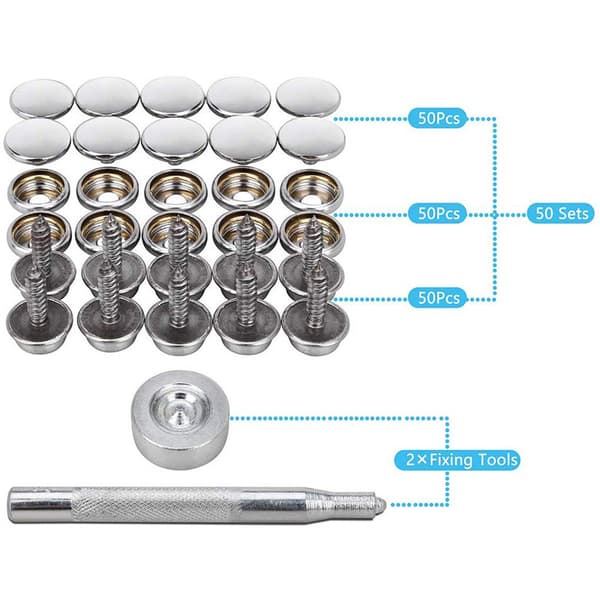 150 stk. 15 mm skrue store hvite knapper + faste knapper