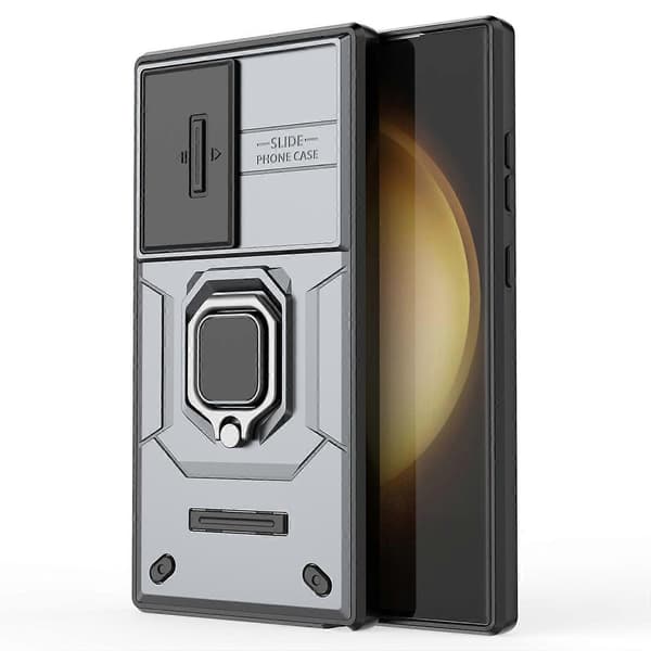 För Samsung Galaxy S24 Ultra Mobilskal Anti-fall PC+TPU Ställ Skyddsfodral med Skjutbart Linsskydd - Grå (Grå)