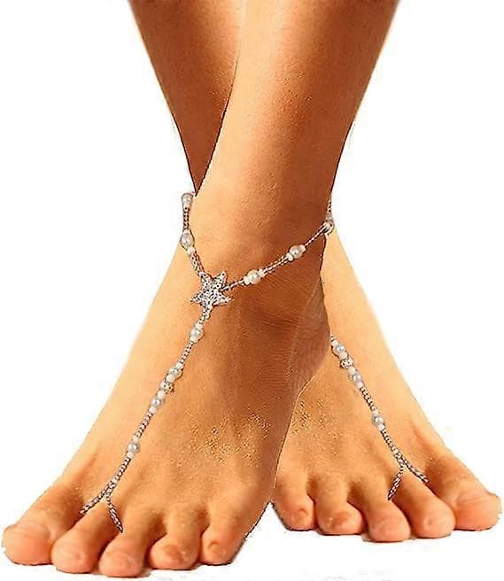 Boho Perle Barefods Sandaler Ankelkæde Rhineatone Sølv Søstjerne Ankelkæder Sommer Strand Fodkæde til Kvinder og Piger (2 Stykker)