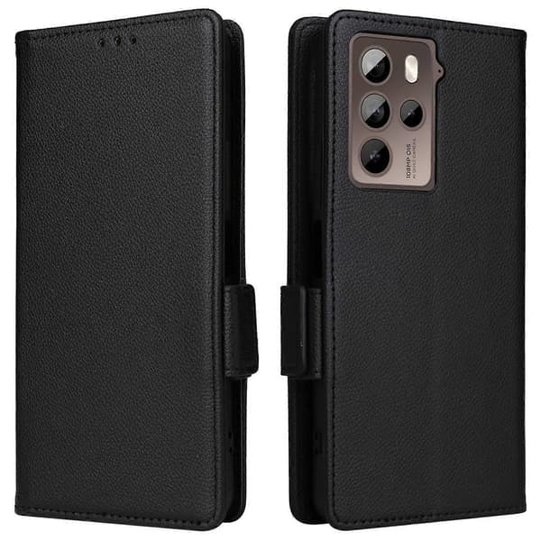 Litchi tegnebog stativ PU læder telefoncover til HTC U23/U23 Pro 5G - Sort (Sort)