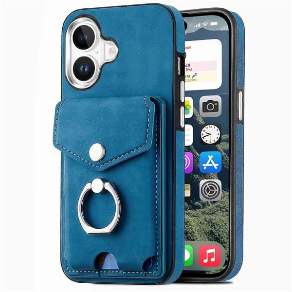 För iPhone 16 Plus Mobilskal Ringstativ Läderbelagd TPU Baksida med Korthållare - Blå (Blå)