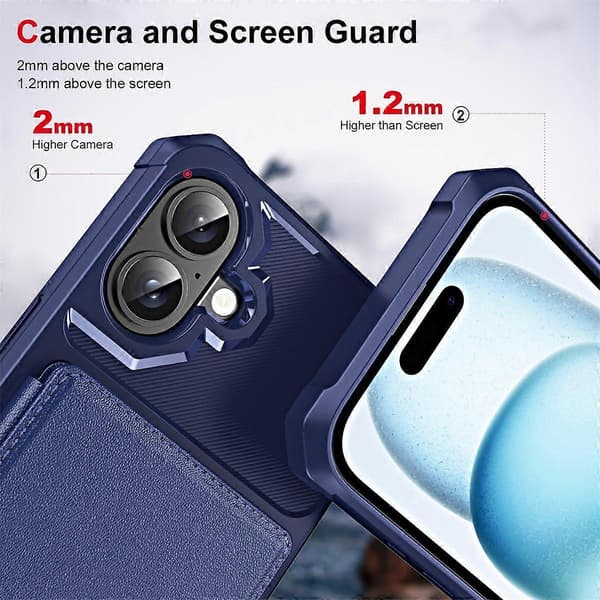 För iPhone 16 Plånboksfodral Kortplats PU Läder + Baksida Mobilskal med Kameralinsskydd (Cyan)