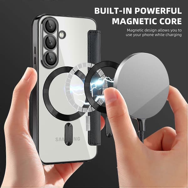 Til Samsung Galaxy S25+ Telefon Cover, Kompatibel med MagSafe RFID Blokerende Læder Telefon Cover - Sort (Sort)