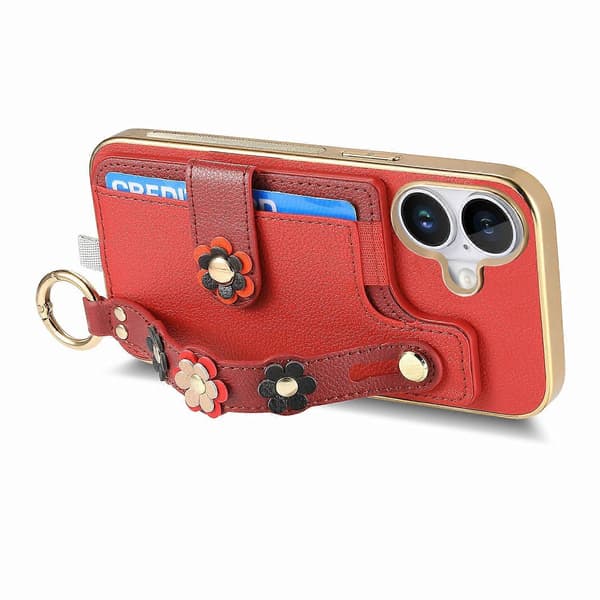 Til iPhone 16 Plus Telefon Cover Kortholder Læder Bagside Cover 3D Blomst Armbånd - Rød (Rød)