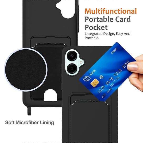 Flydende silikone telefoncover med kortholder og lanyard til Samsung Galaxy A06 - Sort (Sort)