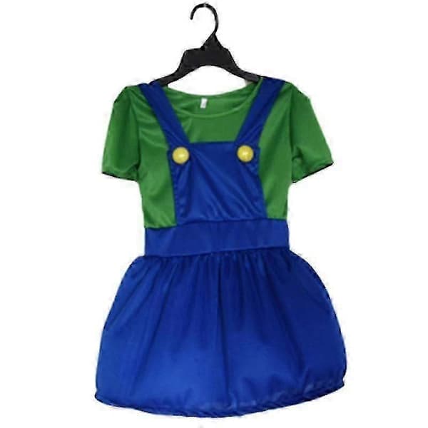 Super Mario Luigi Cosplay Kostym Hög Kvalitet Vuxen Barn (S, Luigi Grön Flicka)