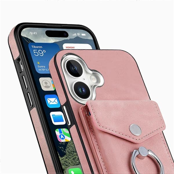 Til iPhone 16 Plus Telefon Cover Ring Stand Læderbelagt TPU Bagside Cover med Kortholder - Pink (Pink)
