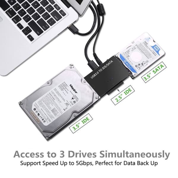 USB 3.0 - IDE/SATA-sovitin, universaali 2,5\"/3,5\" HDD/SSD-muunnin, 12V/2A virtalähde