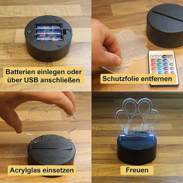 3D LED-lys, erstatning eller DIY-lampebase, fjernkontroll inkludert, 4*9,5 cm USB-kabel