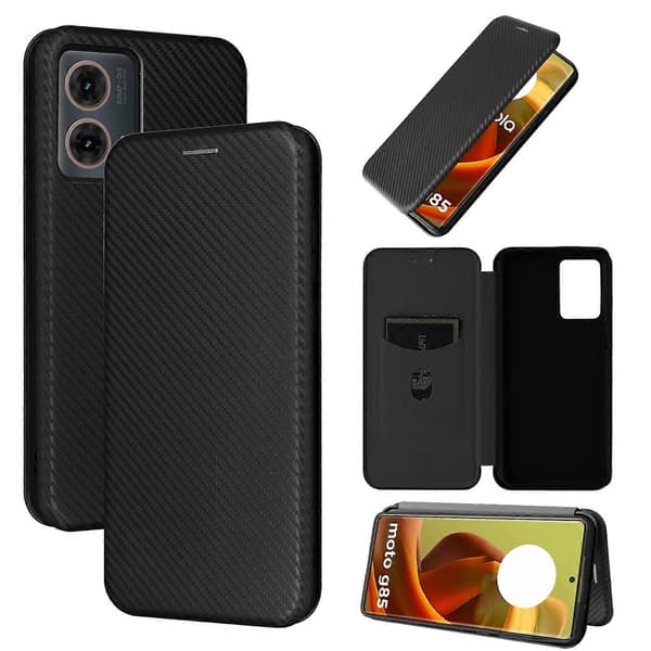 Kolfibertextur Flip Läder Telefonfodral (Svart, för Motorola Moto G85)