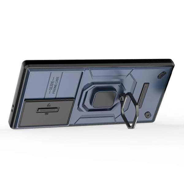 För Samsung Galaxy S24 Ultra Mobilskal Anti-fall PC+TPU Ställ med Skjutbart Linsskydd (Blå)