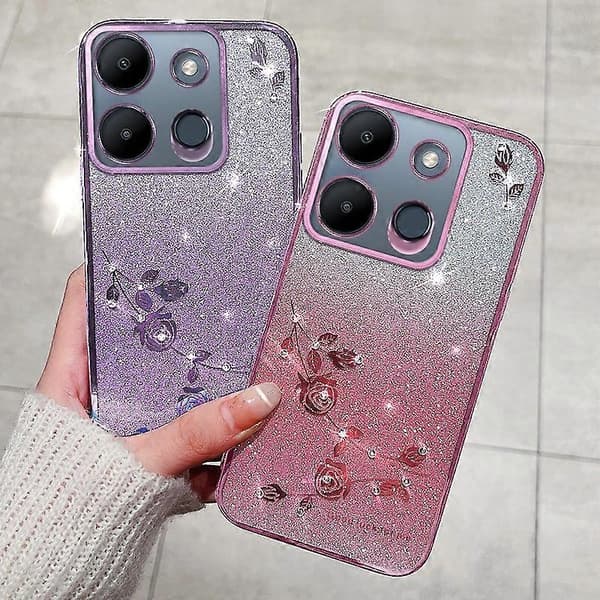 KADEM för Infinix Smart 7 4G Gradient Flash TPU Mobilskal Strass Blomma Anti-fall Mobilskal (Blå)