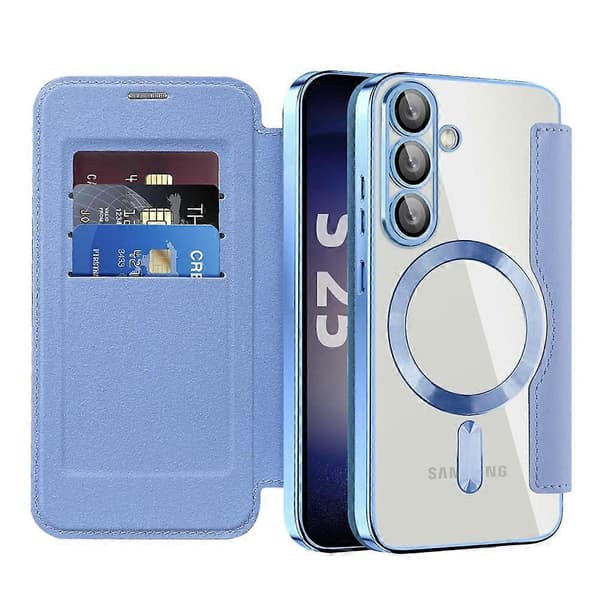 Til Samsung Galaxy S25+ Telefon Cover, Kompatibelt med MagSafe RFID Blokerende Læder Telefon Cover - Blå (Blå)