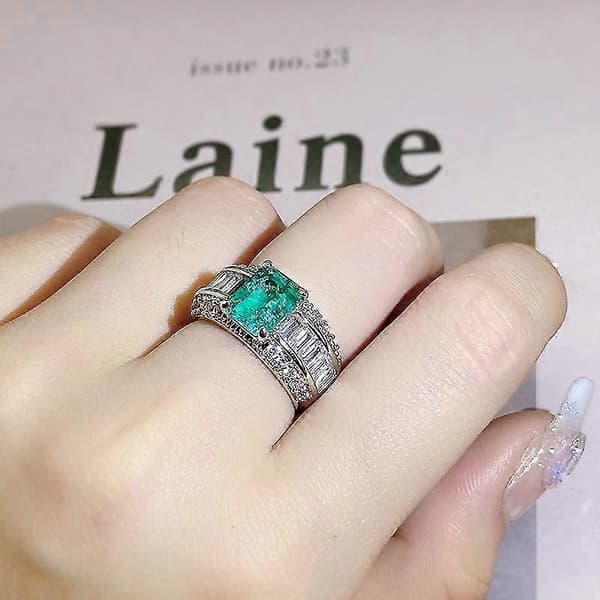Diamant fuld ring grøn simuleret smaragd dame smaragd vedhæng firkantet