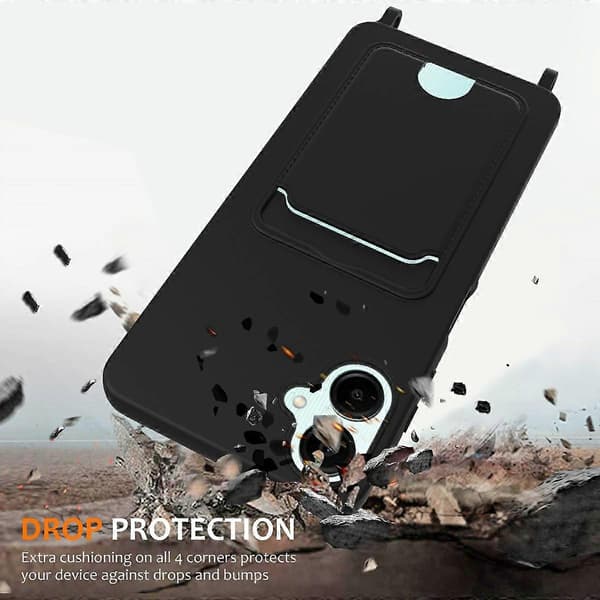 Flydende silikone telefoncover med kortholder og lanyard til Samsung Galaxy A06 - Sort (Sort)