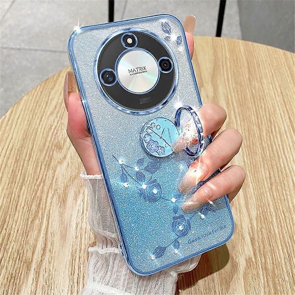KADEM Skal för Honor X60 5G med Ringhållare TPU Blomma Telefonskydd Gradient Glitter - Blå (Blå)