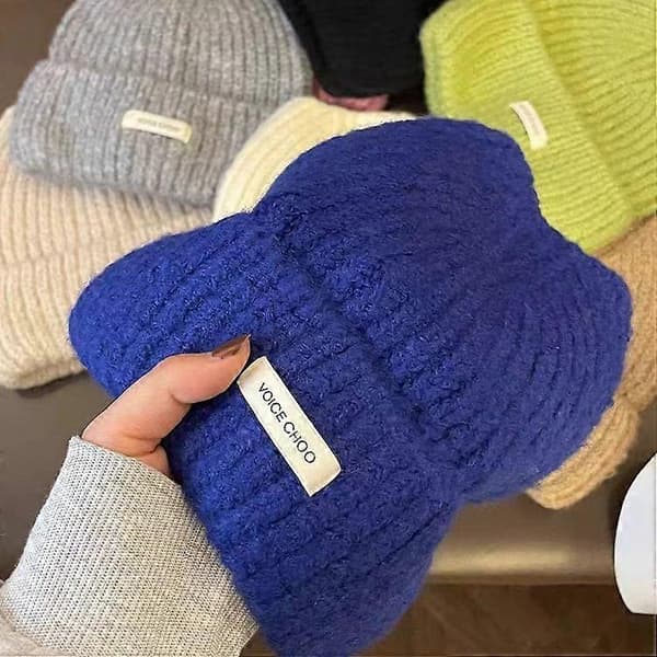Ribbstickad mössa för damer, varm vintermössa med uppvikt kant, blå