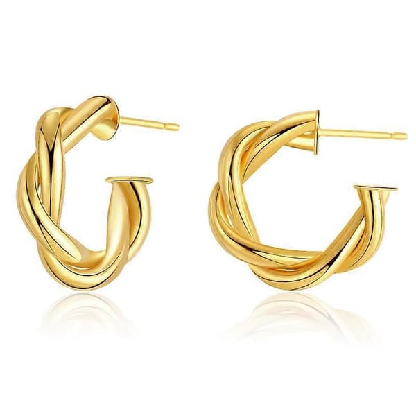 14K Guldpläterade 925 Sterling Silver Stift Vridna Creoler | Små Öppna Creoler | Flätade Creoler för Kvinnor