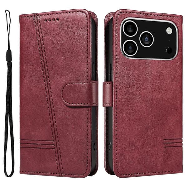 Plånboksfodral T-Line Läder Telefonskyddsfodral för iPhone 17 Pro (Vinröd, Vinröd)