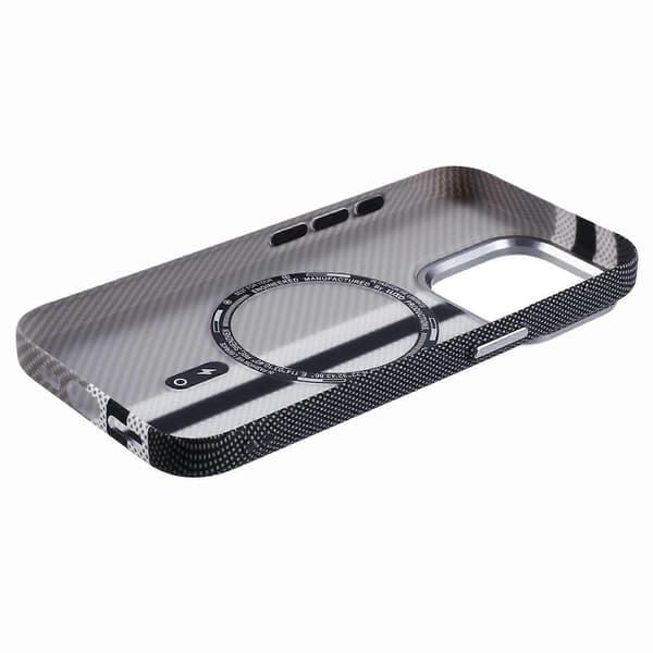 For iPhone 13 Pro MagSafe Telefondeksel Karbonfibertekstur Vanntransfertrykk PC Telefonbeskyttelsesdeksel (Grå Vertikale Striper)