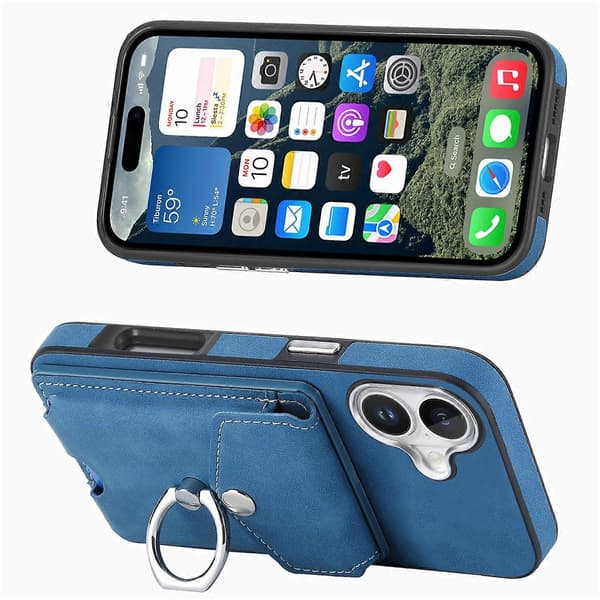 För iPhone 16 Plus Mobilskal Ringstativ Läderbelagd TPU Baksida med Korthållare - Blå (Blå)