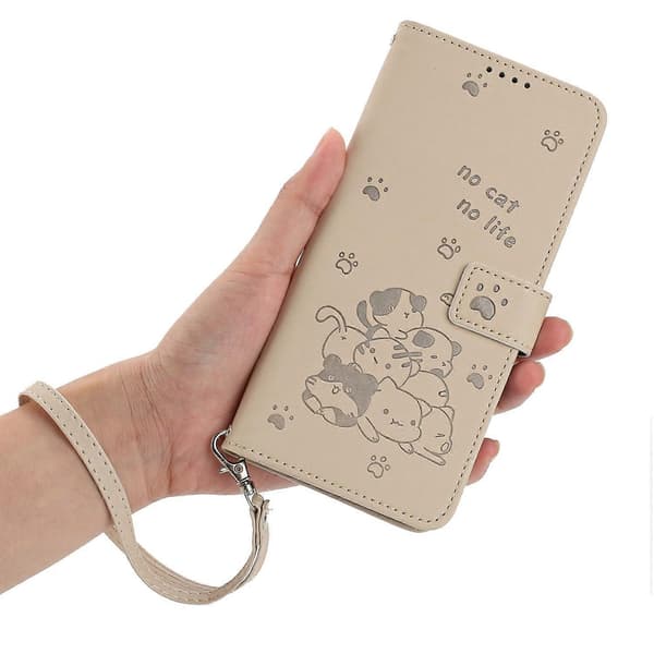 För iPhone 16e Telefonfodral med Kattryck Läderplånbok Telefonfodral - Beige (Beige)