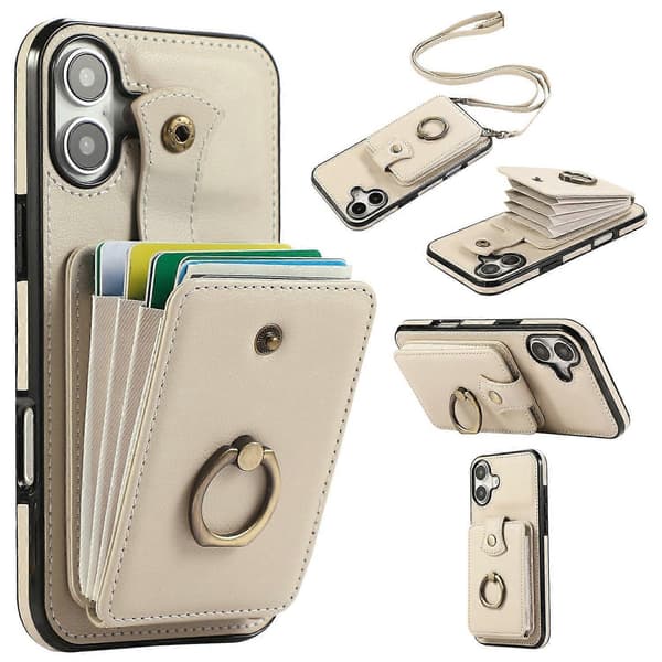 Mobilskal med korthållare, ringstativ, TPU PU-läder och lång rem för iPhone 17 (Beige, Beige)