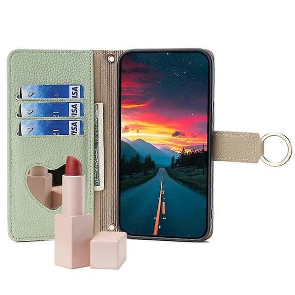 Mobilskal i PU-läder med axelrem och sminkspegel för iPhone XR - Grön (Grön)
