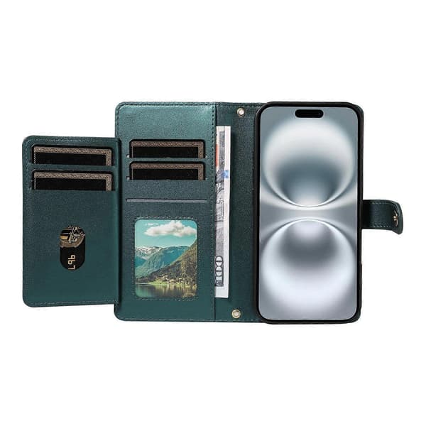 Plånboksfodral för iPhone 16 (med axelrem), Diamantläderfodral med stativ (Mörkgrön, Mörkgrön)