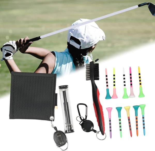 Golfmailapyyhe + puhdistusharja + kuusikulmainen urapuhdistin + raidallinen pallokynsien puhdistussarja (musta)