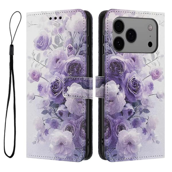 Telefoncover i tegnebogsstil til iPhone 17 Pro Max, trykt PU-læder telefoncover med snor (Lilla Rose)