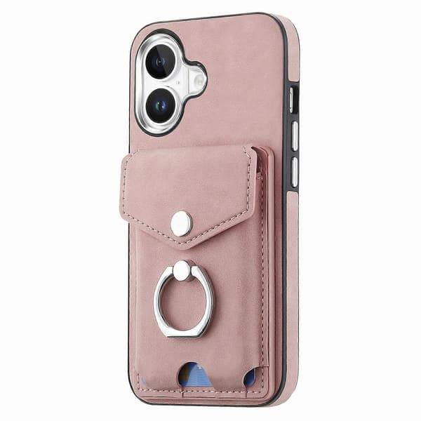 Til iPhone 16 Plus Telefon Cover Ring Stand Læderbelagt TPU Bagside Cover med Kortholder - Pink (Pink)