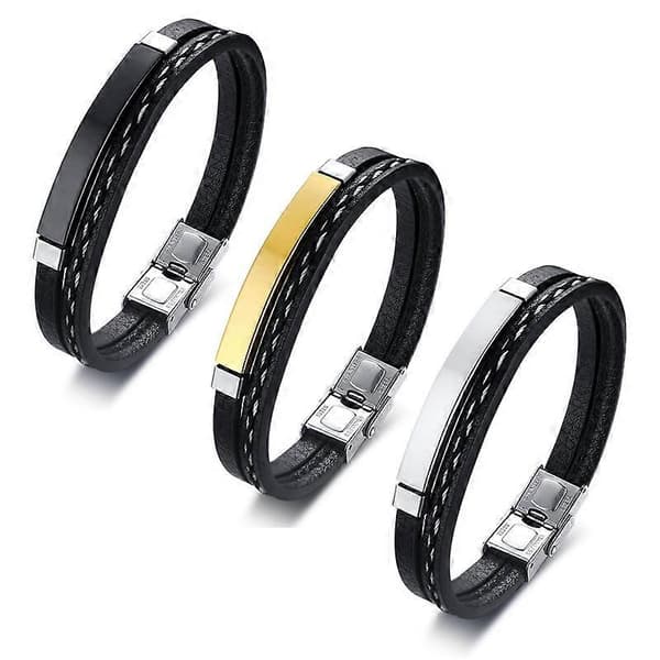 Herre Sort Multilags Læderarmbånd Charm Rustfrit Stål Bar Mand Kvinde Smykker, 3 stk