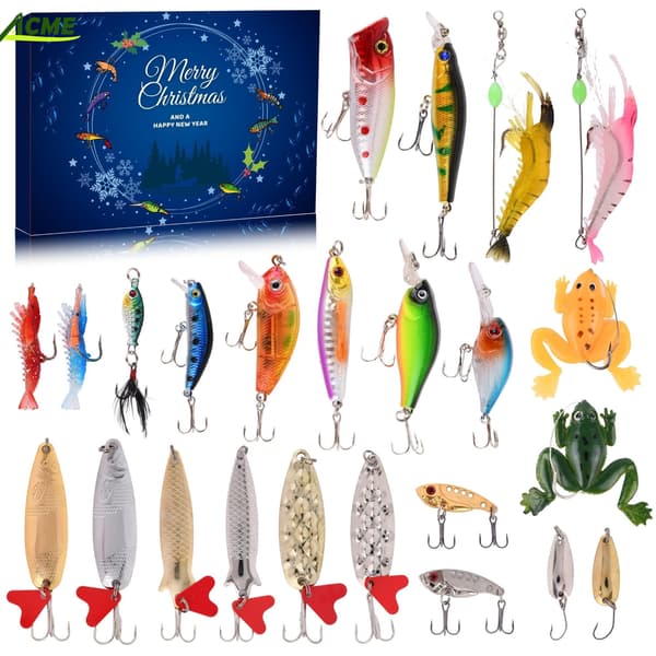Fiskekalender for nedtelling til jul, 24-dagers nedtelling til jul, med agnsett, en overraskelsesgave til fiskeentusiaster