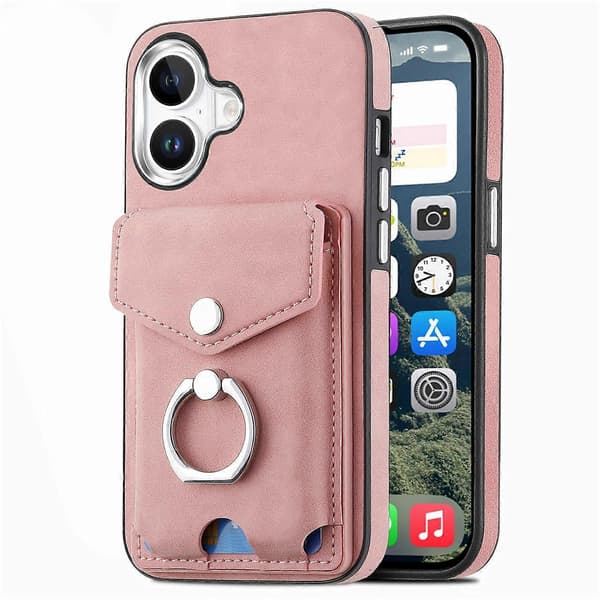 For iPhone 16 Plus Telefondeksel Ringstativ Lærbelagt TPU Bakdeksel med Kortholder - Rosa (Rosa)