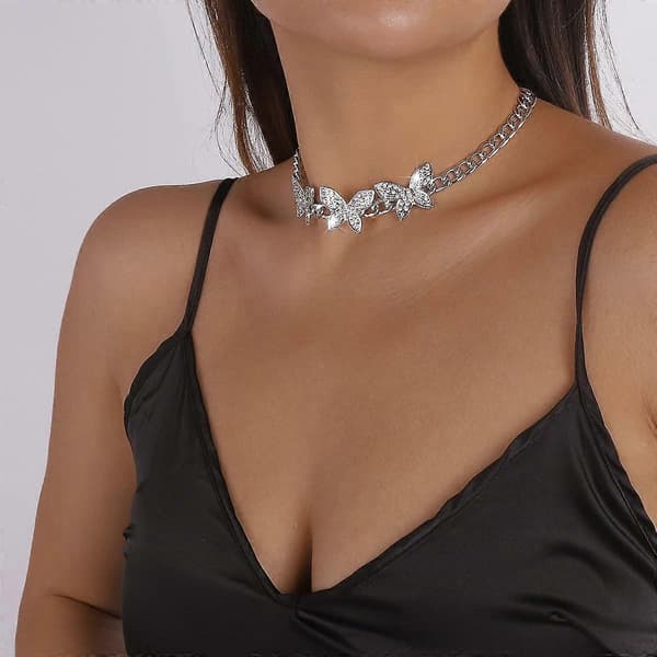 Boho Rhinestone Sommerfugl Vedhæng Choker Halskæde Statement Krystal Cubansk Kæde Halskæde Sølv Kort Halskæde til Kvinder og Piger (Sølv)