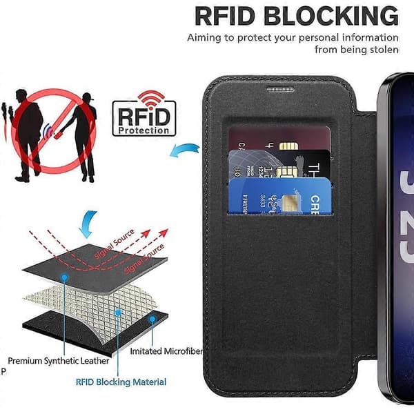 Til Samsung Galaxy S25+ Telefon Cover, Kompatibel med MagSafe RFID Blokerende Læder Telefon Cover - Sort (Sort)