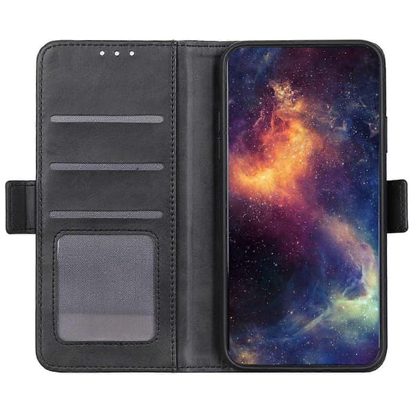 PU læder tegnebog telefon beskyttelsesetui til iPhone 16 Plus med magnetisk sidelukning - Sort (Sort)