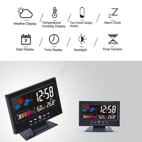 Multifunktionell väckarklocka med bakgrundsbelyst LCD-skärm, digital klocka med tid/datum/vecka/temperatur/luftfuktighet